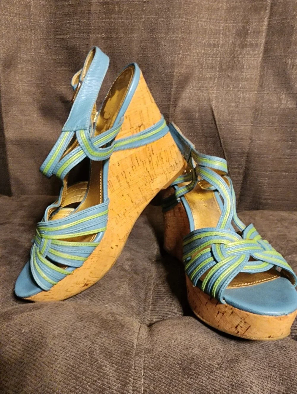 Ivanka Trump Blue Green Cork Platform Wedge Sandals Approx Size 7